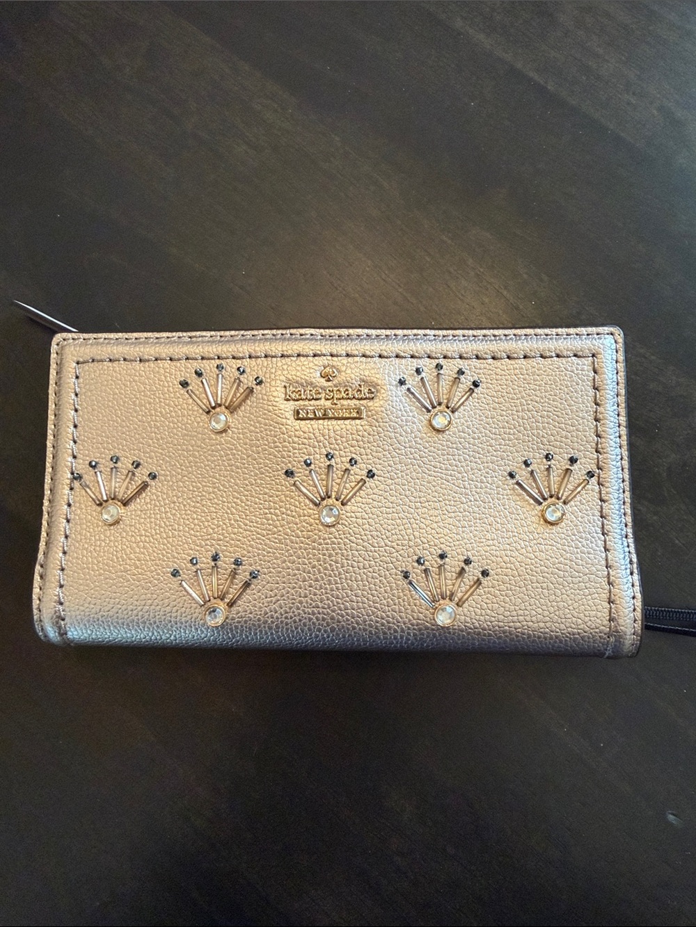 NWT kate spade Metallic Rose Gold Zip Around Wallet with Crystal Accents